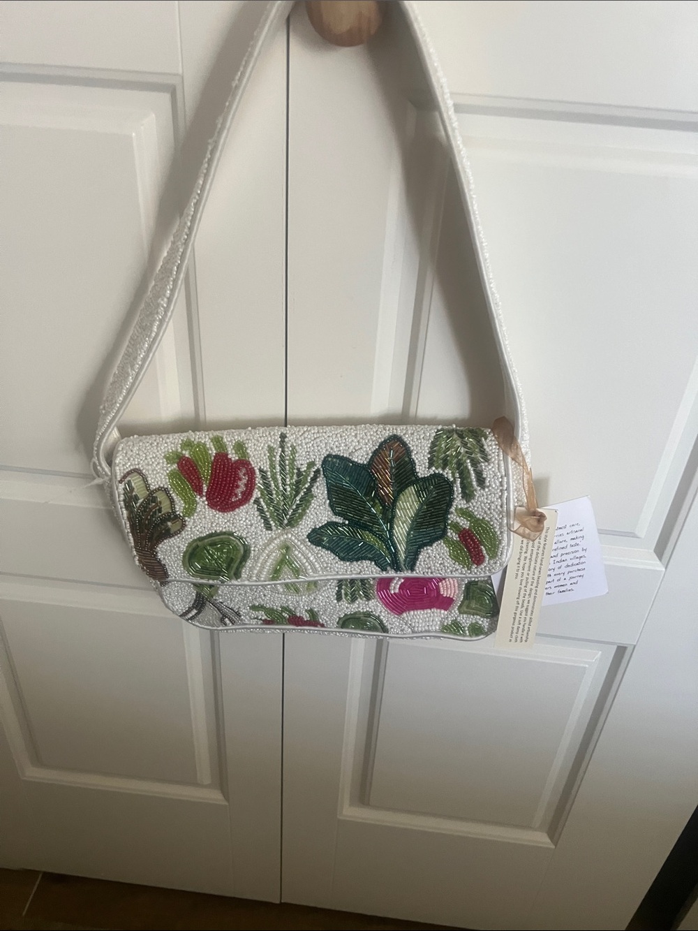 Anthropologie White Beaded Shoulder Bag with Floral Leaf Embroidery